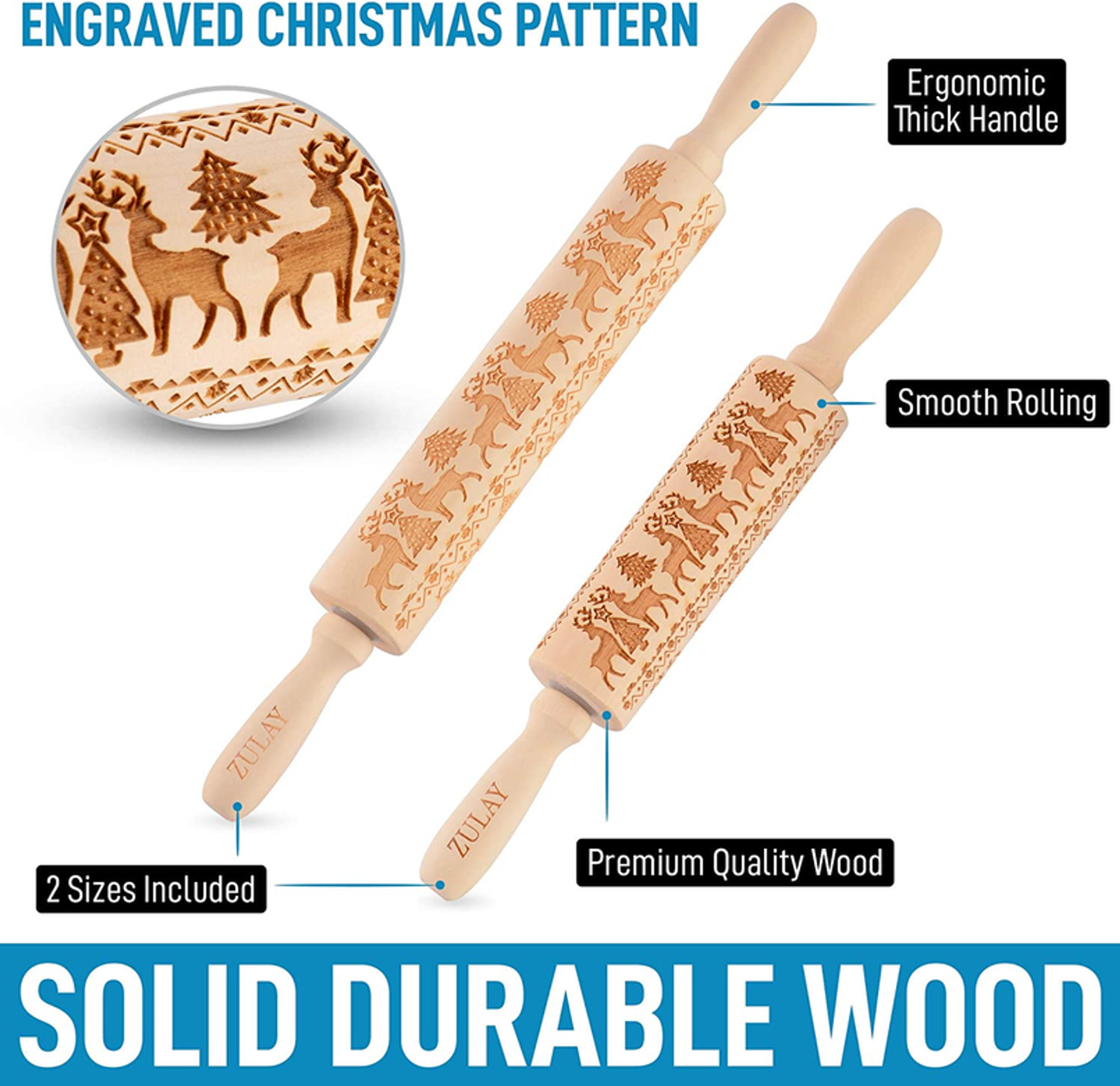 Wooden Carved Christmas Rolling Pin