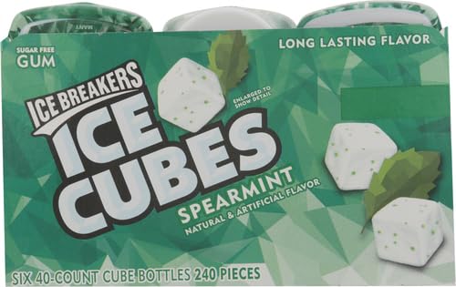 ICE BREAKERS Ice Cubes Spearmint Sugar Free Chewing Gum Bottles, 3.24 oz (6 Count, 40 Pieces)