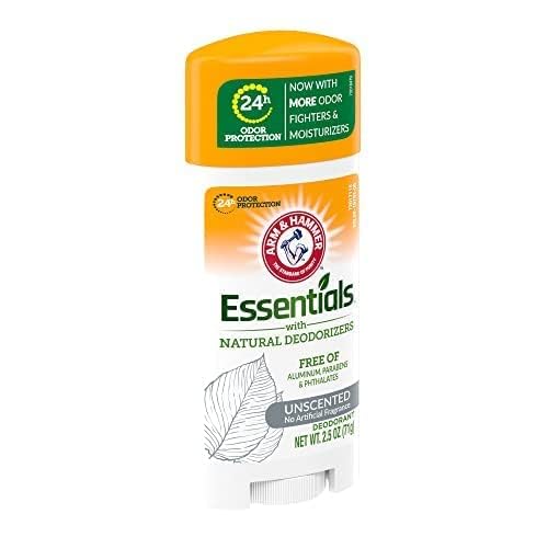 ARM & HAMMER Essentials Deodorant- Unscented- Solid Oval- Made with Natural Deodorizers- Free From Aluminum, Parabens & Phthalates, 2.5 Oz