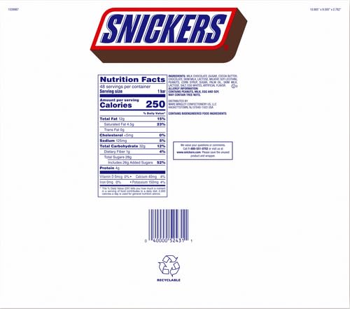 SNICKERS Full Size Bulk Milk Chocolate Candy Bars, 1.86 oz Bar, 48 ct Box