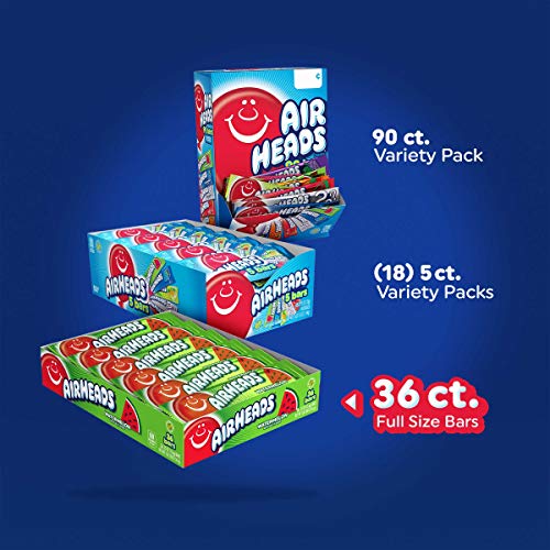 Airheads Candy, Watermelon Flavor, Individually Wrapped Full Size Bars, Taffy, Non Melting, Party, Pack of 36 Bars