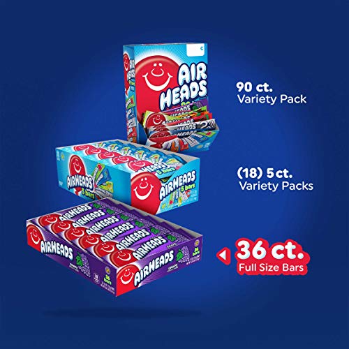 Airheads Candy, Watermelon Flavor, Individually Wrapped Full Size Bars, Taffy, Non Melting, Party, Pack of 36 Bars