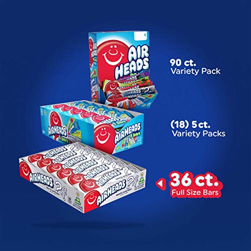Airheads Candy, Watermelon Flavor, Individually Wrapped Full Size Bars, Taffy, Non Melting, Party, Pack of 36 Bars