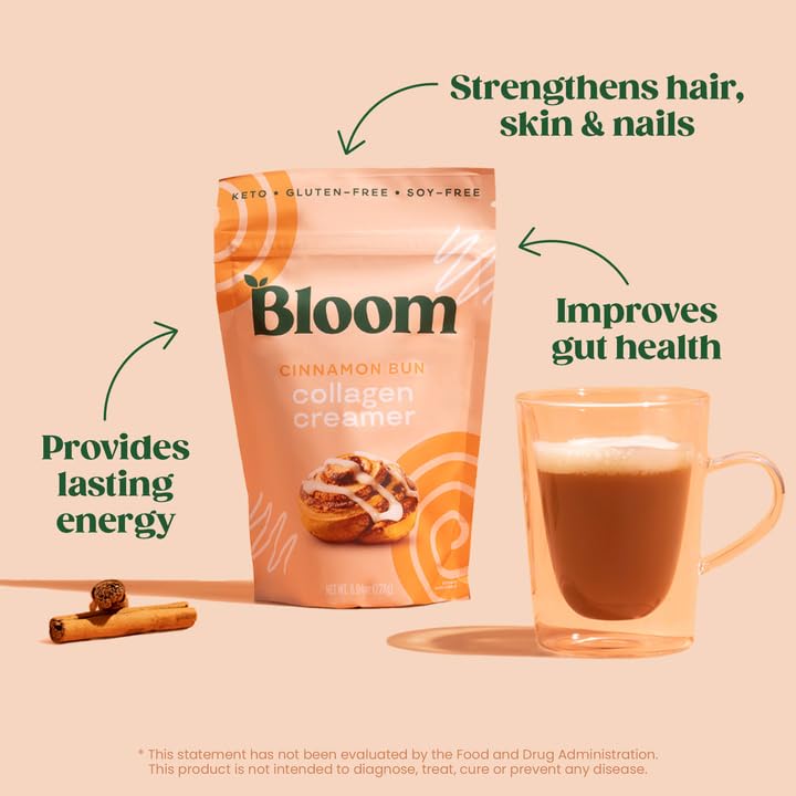 Bloom Nutrition Cinnamon Bun Collagen Peptide Creamer - Grass-Fed Protein Powder & MCT Oil for Coffee - No Sugar, Gluten-Free, Keto & Soy-Free