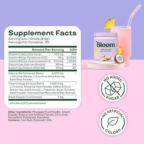 Bloom Nutrition High Energy Pre Workout with Beta Alanine, Ginseng and L Tyrosine for Amino Energy, Natural Caffeine Powder from Green Tea Extract, Keto, Sugar Free Drink Mix, Raspberry Lemonade