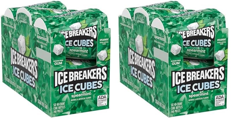 ICE BREAKERS Ice Cubes Spearmint Sugar Free Chewing Gum Bottles, 3.24 oz (6 Count, 40 Pieces)
