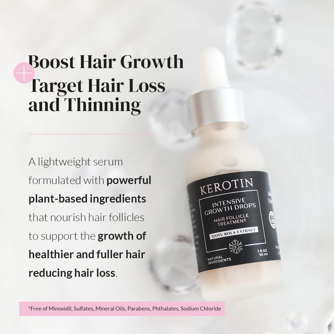 Kerotin Hair Growth Serum with Castor Oil for Hair Loss in Women, DHT Blocker, Promotes Scalp Care & Thicker Fuller Hair, Thickening Drops, Natural, Sulfate & Cruelty Free, Made in USA - 3 Pack