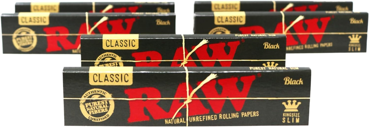 RAW Classic Black King Size Slim Natural Unrefined Ultra Thin 110mm Rolling Papers (6 Packs)