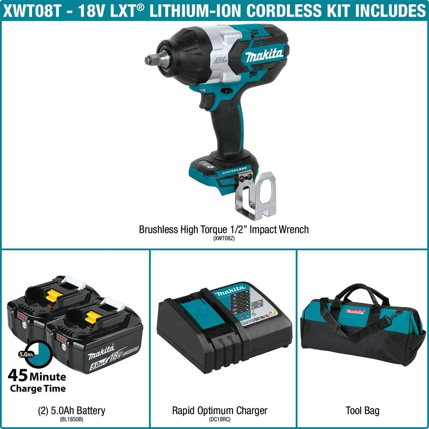 Makita XWT08Z 18V LXT® Lithium-Ion Brushless Cordless High-Torque 1/2" Sq. Drive Impact Wrench, Tool Only