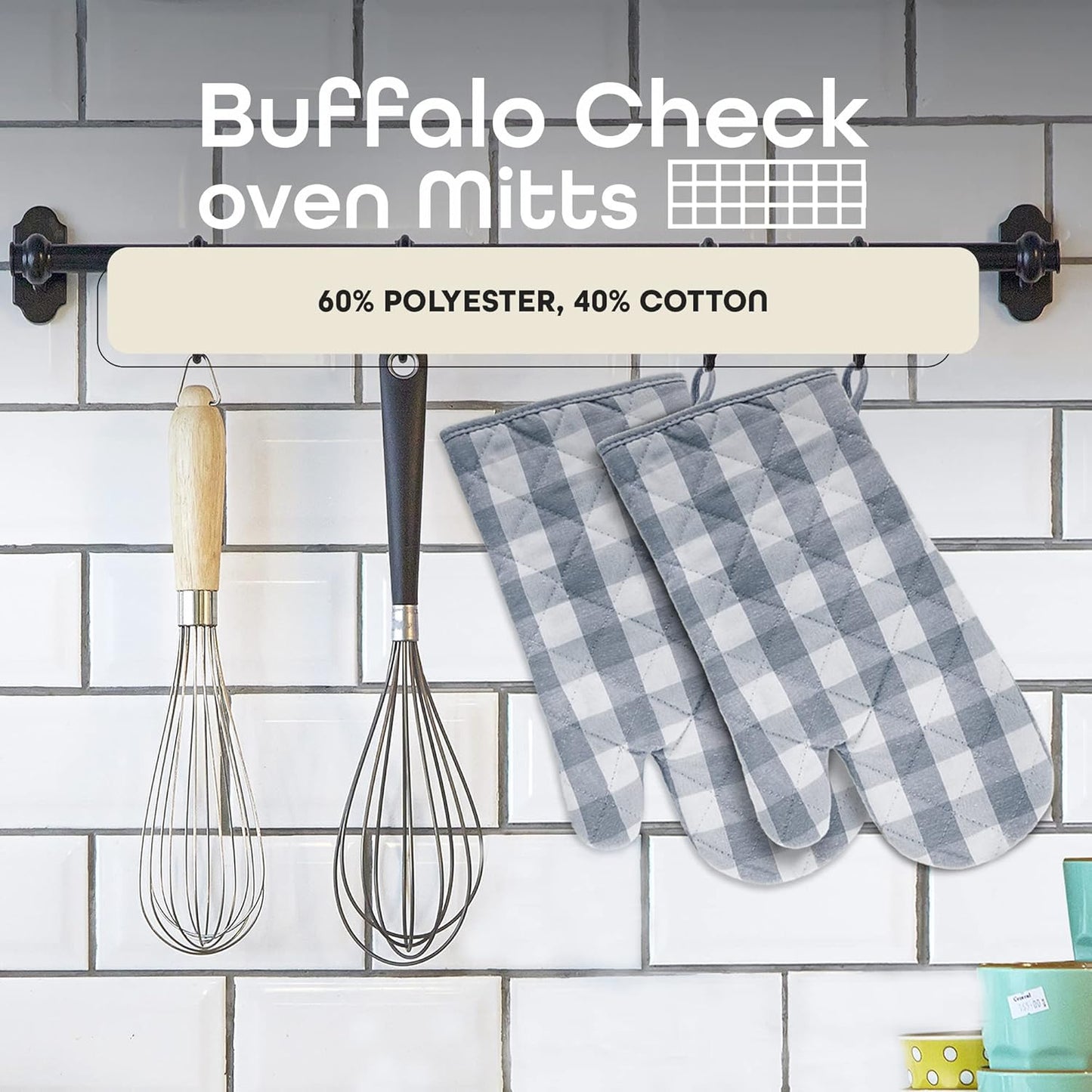 Buffalo Check Oven Mitts, 2 Pack, Grey - 7" x 13" - Quilted Pot Holders are Heat Resistant, Machine Washable & Stain Repellant - Non-Slip for Cooking, Baking & Grilling by Achim Home Decor