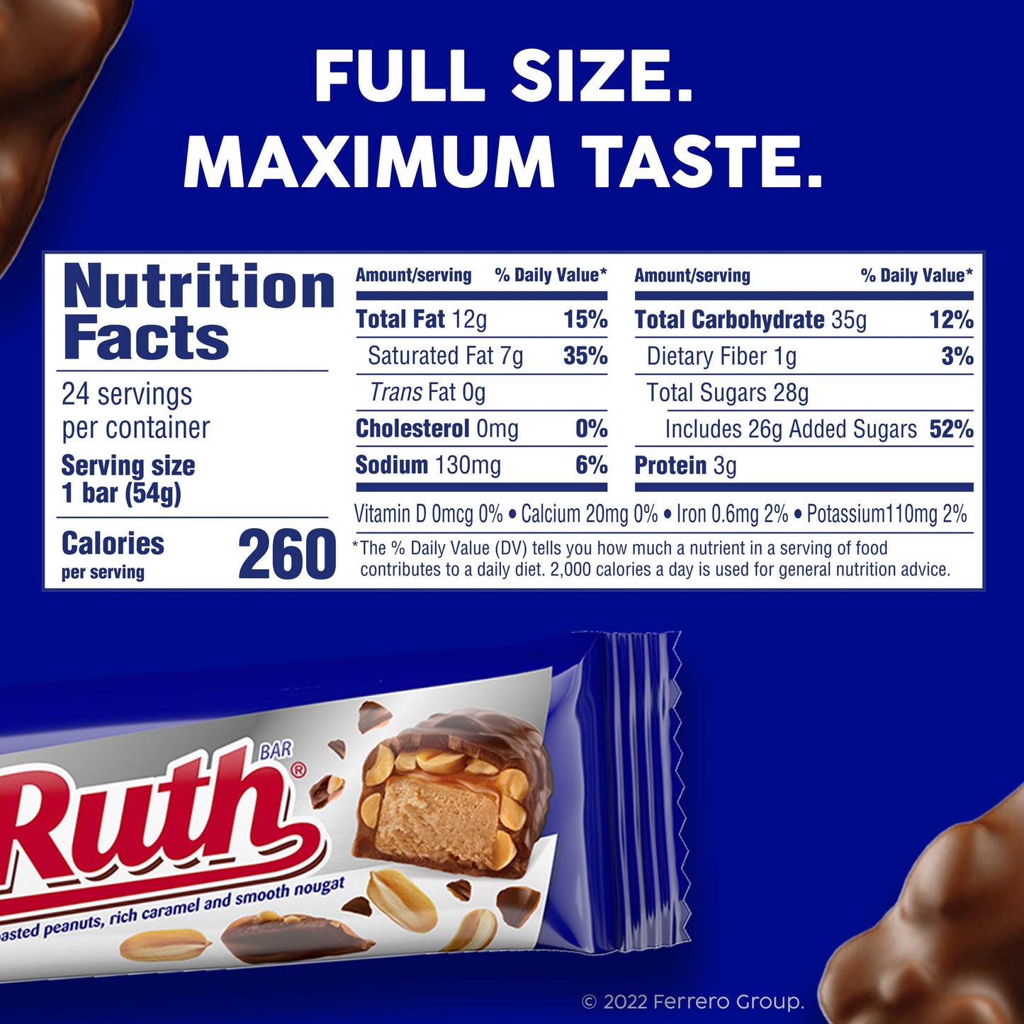 Baby Ruth, Chocolatey, Peanut, Caramel, Nougat, Full Size Individually Wrapped Candy Bars, 1.9 oz each, Bulk 24 Pack