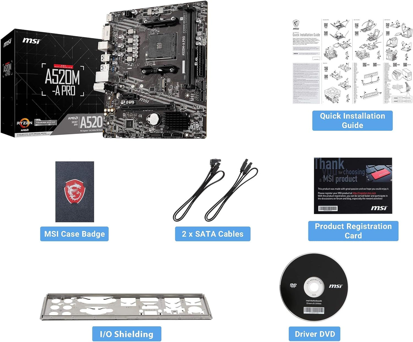 MSI A520M-A PRO Gaming Motherboard (AMD Ryzen 5000, AM4, DDR4, PCIe 3.0, SATA 6Gb/s, M.2, USB 3.2 Gen 1, DVI/HDMI, Micro-ATX)