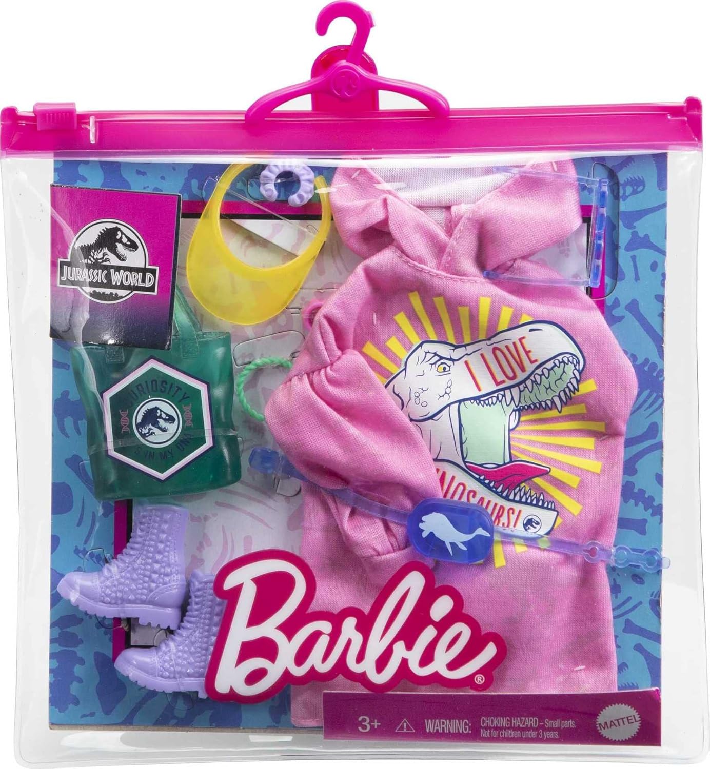 Barbie Fashion Pack of Doll Clothes Inspired by Jurassic World, Collectible Set Includes Sweatshirt Hoodie Dress with Dinosaur Graphic & 8 Accessories