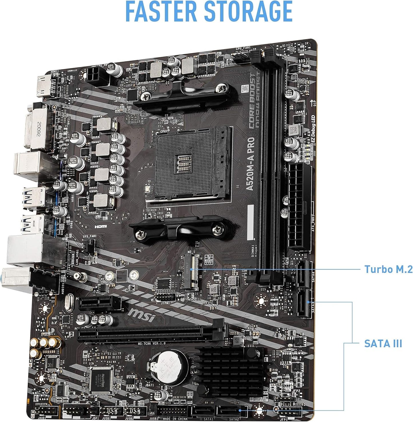 MSI A520M-A PRO Gaming Motherboard (AMD Ryzen 5000, AM4, DDR4, PCIe 3.0, SATA 6Gb/s, M.2, USB 3.2 Gen 1, DVI/HDMI, Micro-ATX)