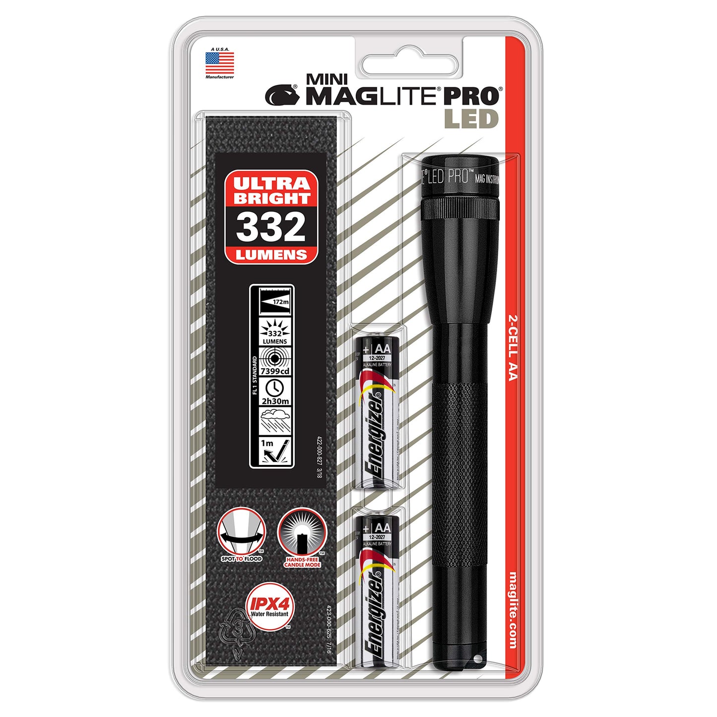MagLite Mini LED PRO Flashlight - Ultra Bright 332 Lumens, Adjustable Beam, Water-Resistant IPX4, Shock Resistant, 2 Power Modes, Includes 2 AA Premium Alkaline Batteries - (Holster Pack, Black)