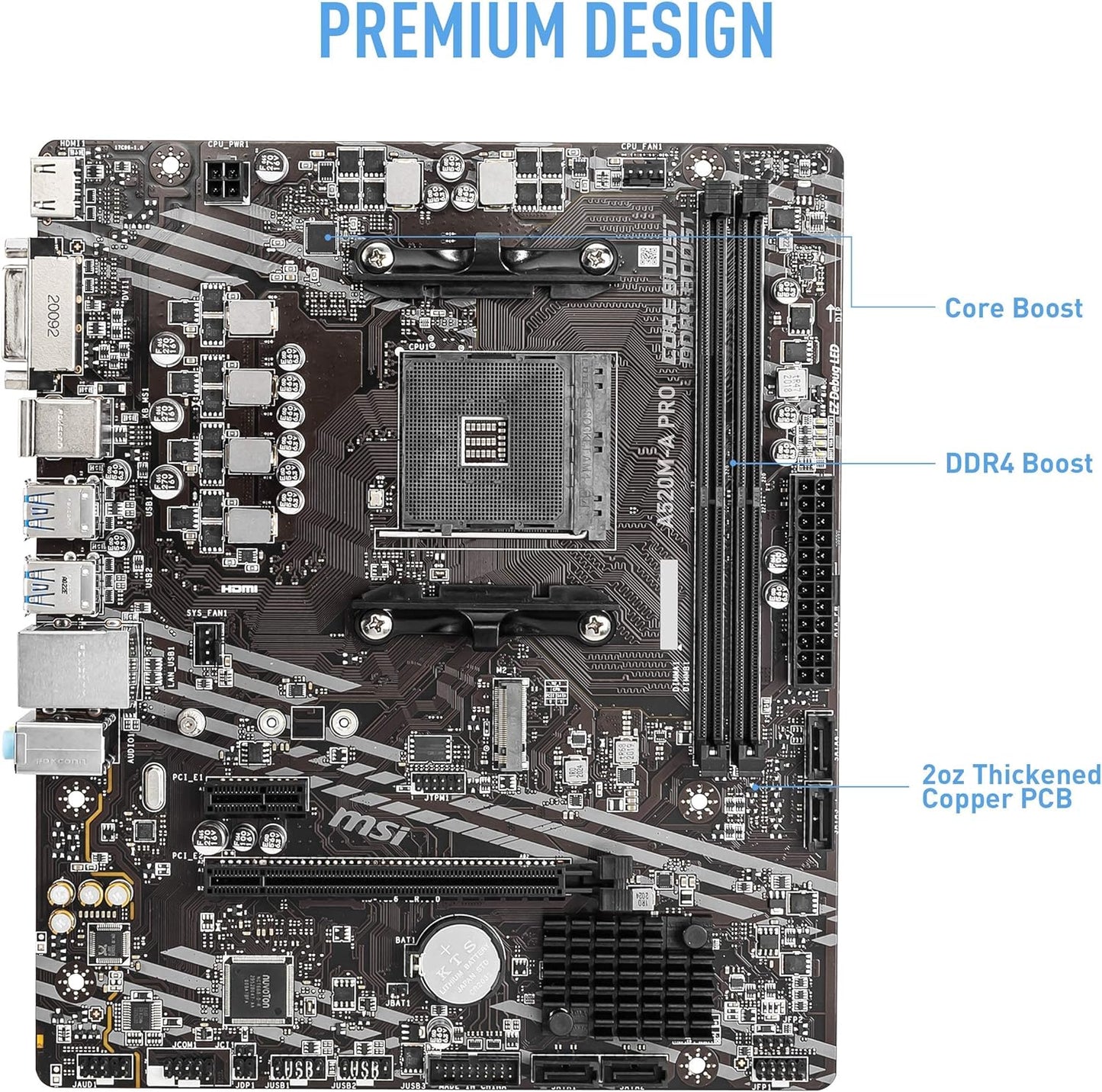 MSI A520M-A PRO Gaming Motherboard (AMD Ryzen 5000, AM4, DDR4, PCIe 3.0, SATA 6Gb/s, M.2, USB 3.2 Gen 1, DVI/HDMI, Micro-ATX)