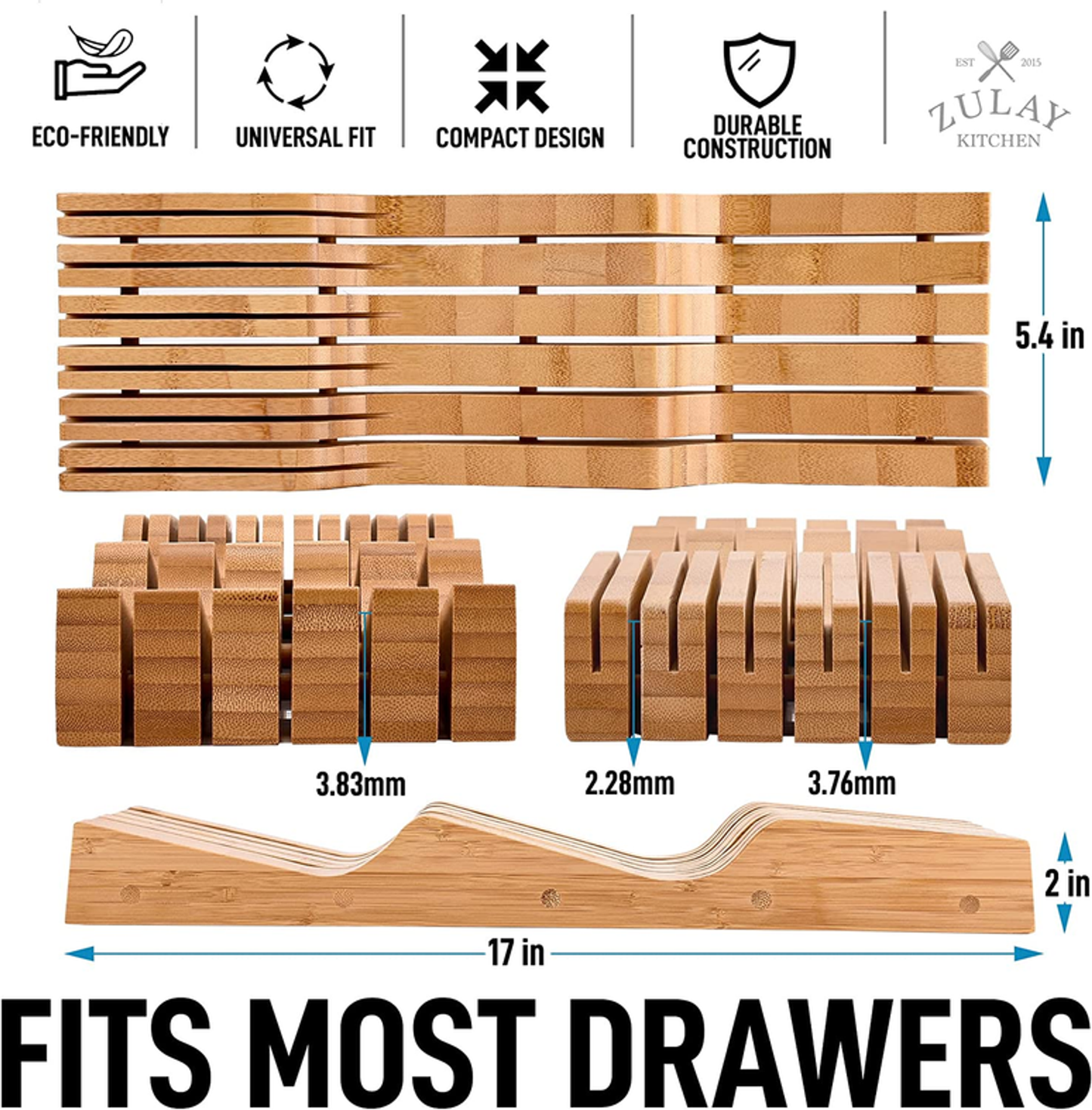 Zulay Kitchen Bamboo Knife Drawer Organizer Insert
