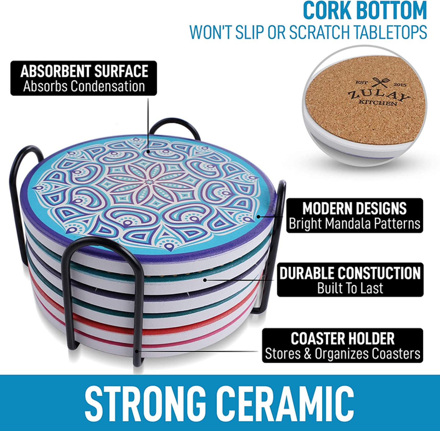 Mandala Coasters with Holder & Cork Base