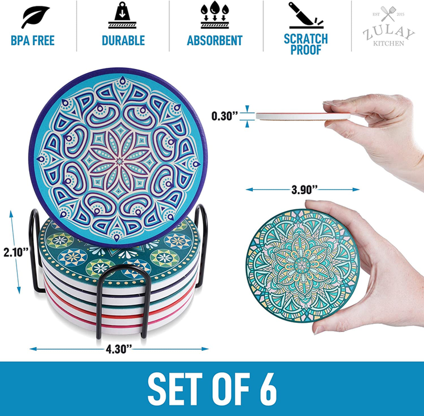 Mandala Coasters with Holder & Cork Base