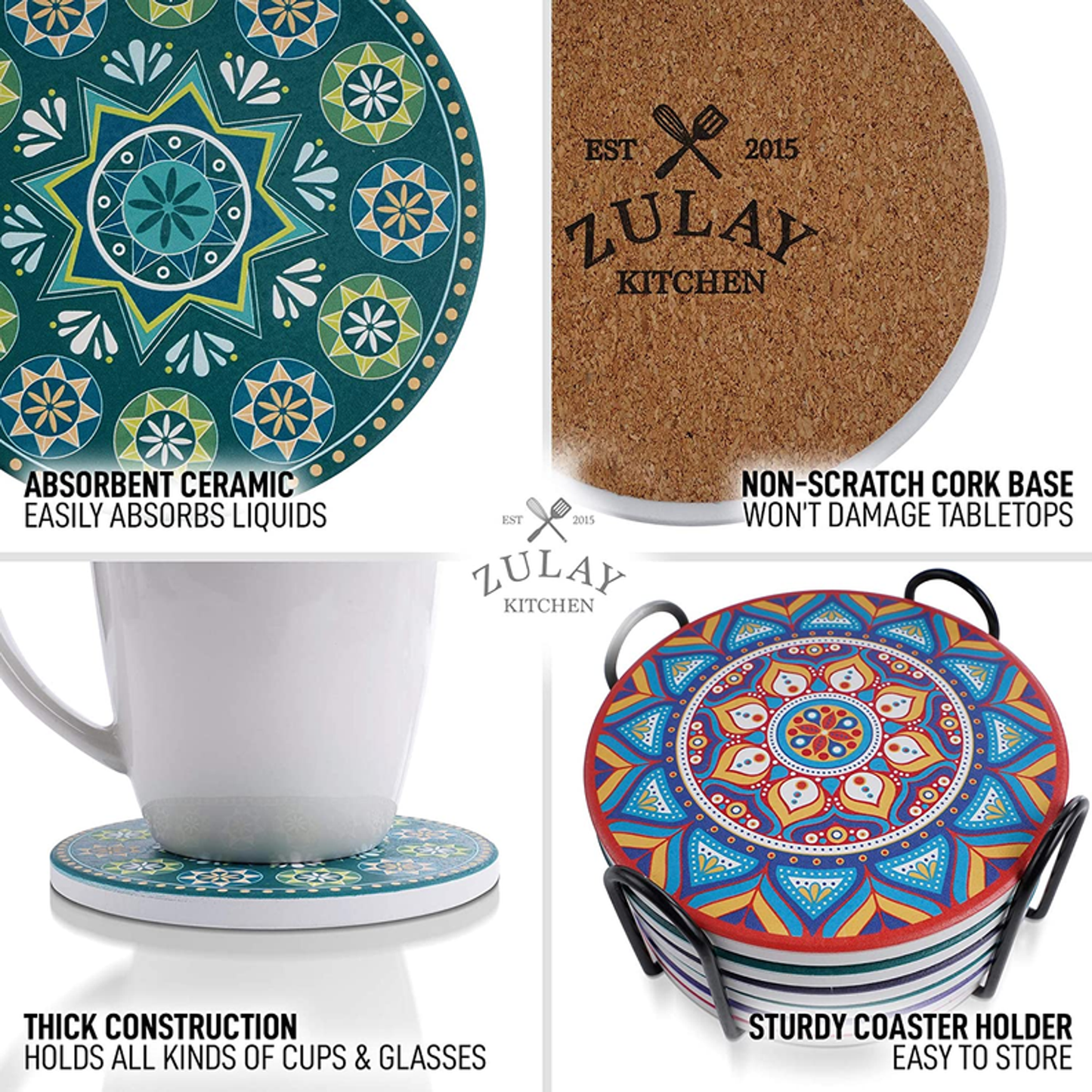 Mandala Coasters with Holder & Cork Base
