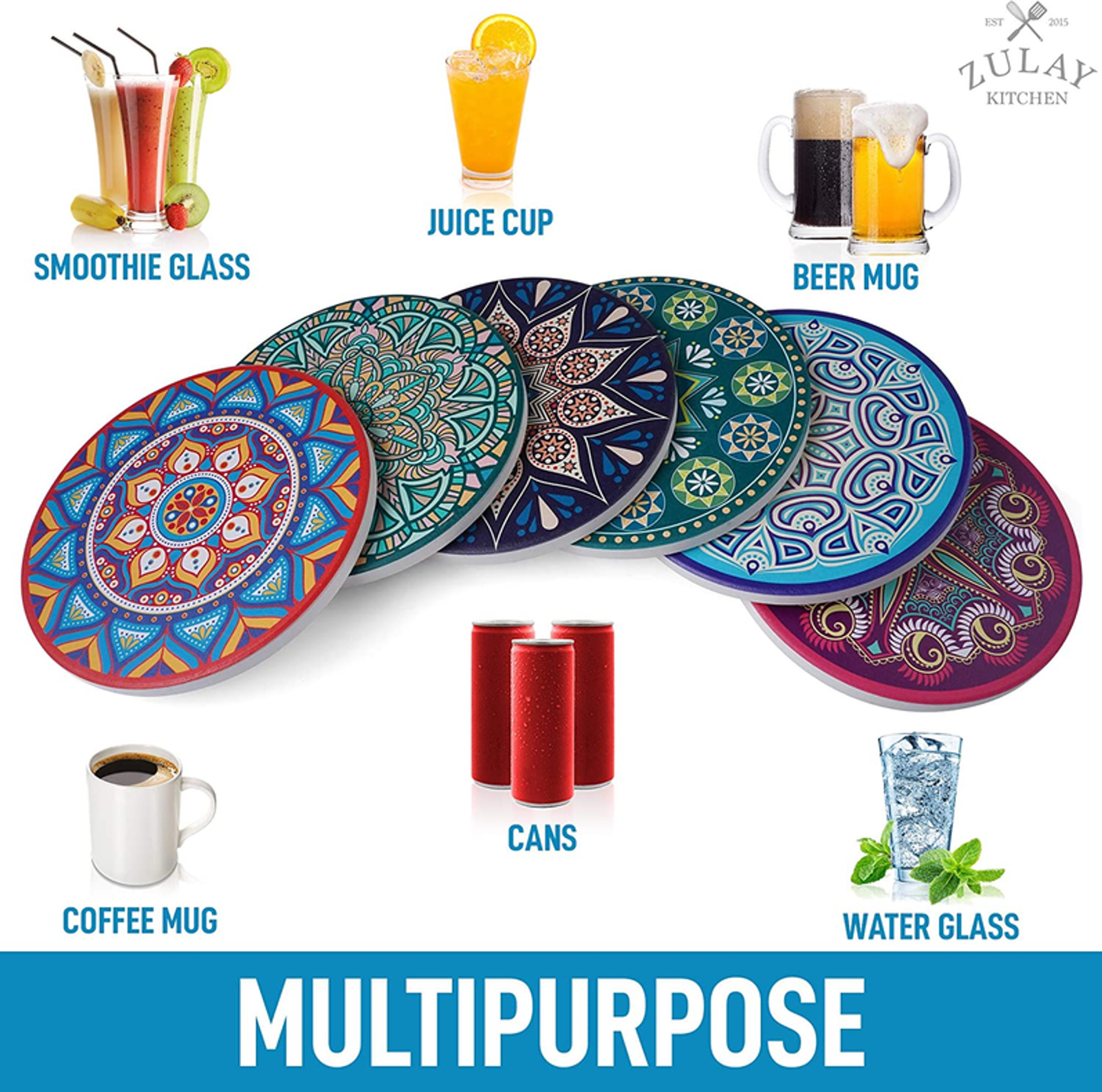 Mandala Coasters with Holder & Cork Base