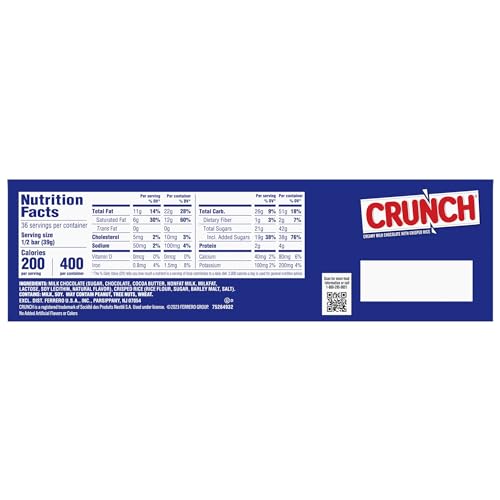CRUNCH, Bulk 36 Count, Milk Chocolate and Crisped Rice, Full Size Halloween Candy, 1.55 oz Each