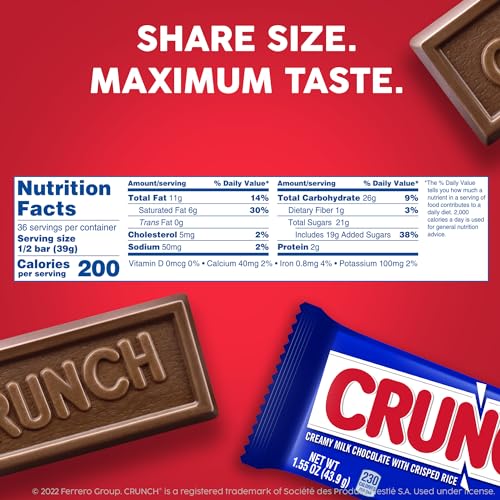 CRUNCH, Bulk 36 Count, Milk Chocolate and Crisped Rice, Full Size Halloween Candy, 1.55 oz Each