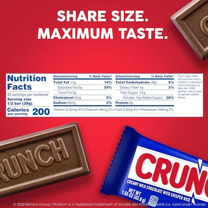 CRUNCH, Bulk 36 Count, Milk Chocolate and Crisped Rice, Full Size Halloween Candy, 1.55 oz Each