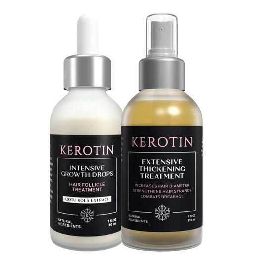 Kerotin Hair Thickening Spray with Keratin for Fine & Thin Hair Growth in Women + Hair Growth Serum with Castor Oil for Hair Loss in Women