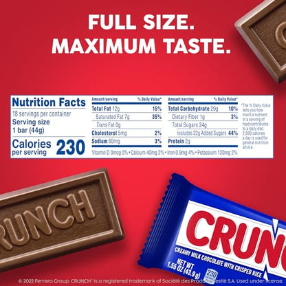 CRUNCH, Bulk 36 Count, Milk Chocolate and Crisped Rice, Full Size Halloween Candy, 1.55 oz Each