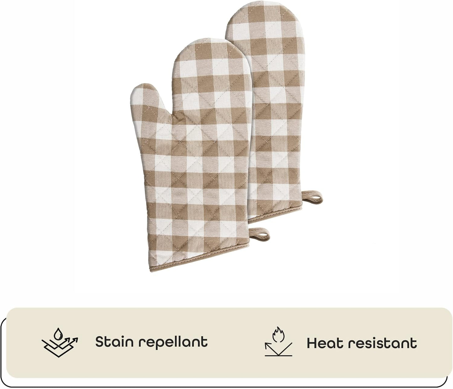 Buffalo Check Oven Mitts, 2 Pack, Taupe - 7" x 13" - Quilted Pot Holders are Heat Resistant, Machine Washable & Stain Repellant - Non-Slip for Cooking, Baking & Grilling by Achim Home Decor