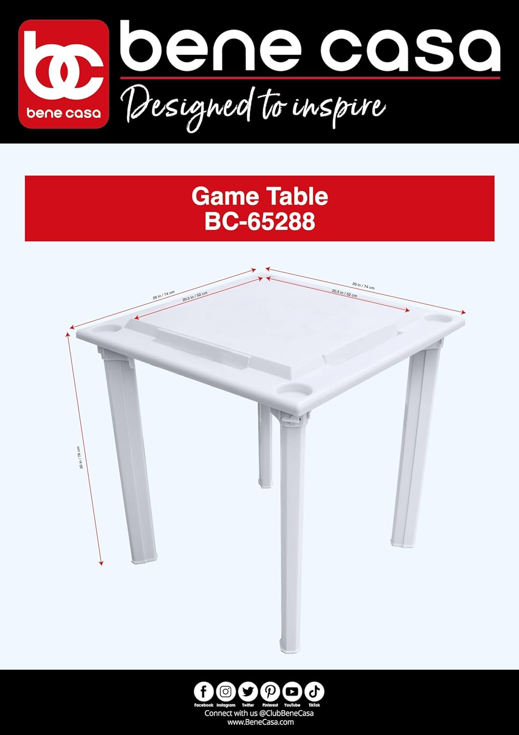 Bene Casa - White Indoor & Outdoor Domino and Game Table Includes Domino and Scrabble Tile Racks and Cup Holders - Table Legs are Removable for Easy Storage