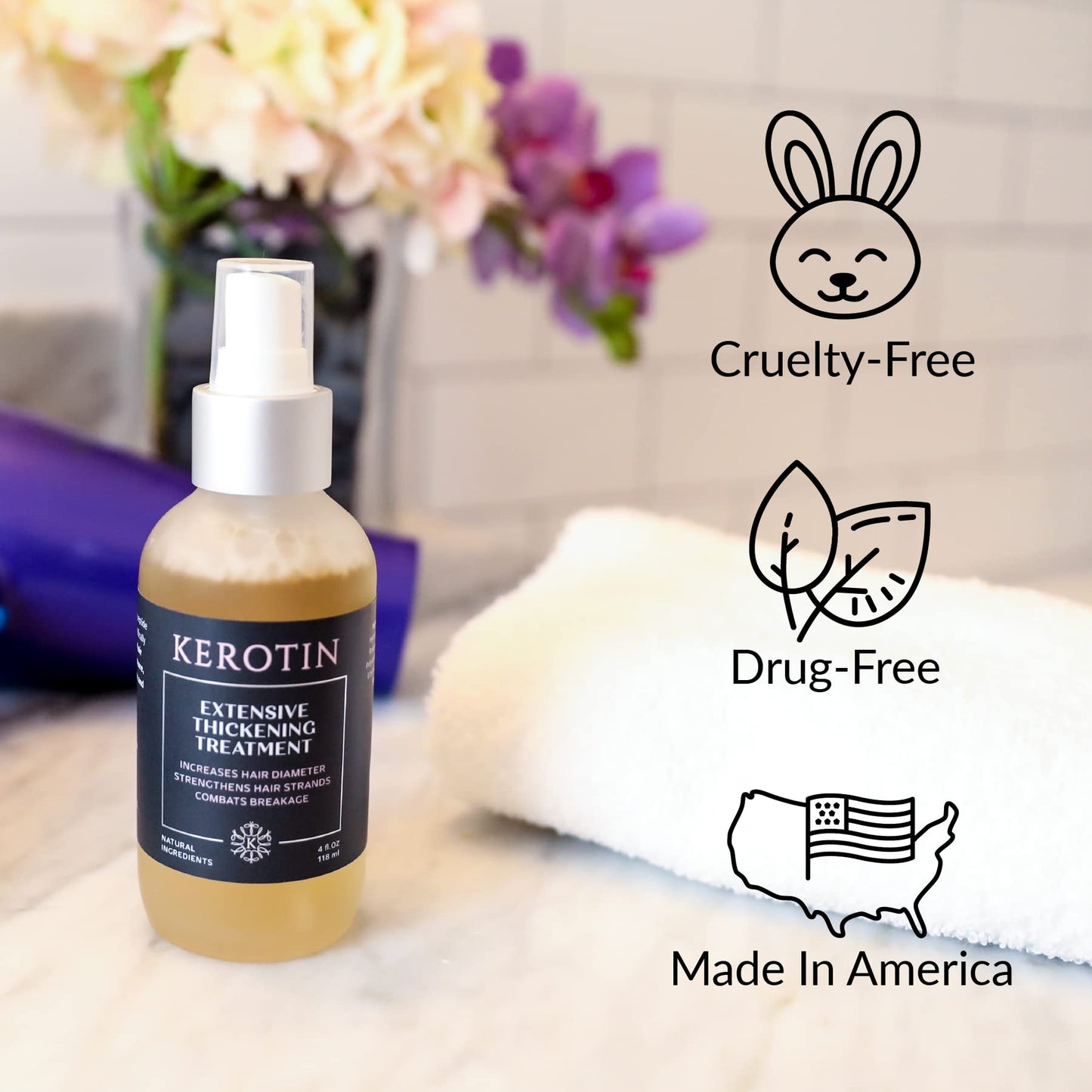 Kerotin Hair Thickening Spray w/Keratin for Fine & Thin Hair Growth in Women, Heat Protectant, Repair Mist for Volume, Body & Shine, Diameter Booster, Natural & Cruelty Free, Made in USA - 3 Pack