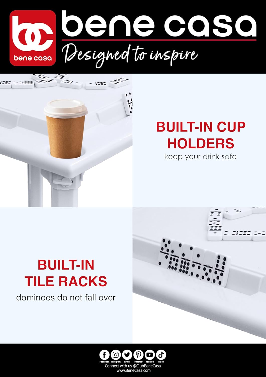 Bene Casa - White Indoor & Outdoor Domino and Game Table Includes Domino and Scrabble Tile Racks and Cup Holders - Table Legs are Removable for Easy Storage
