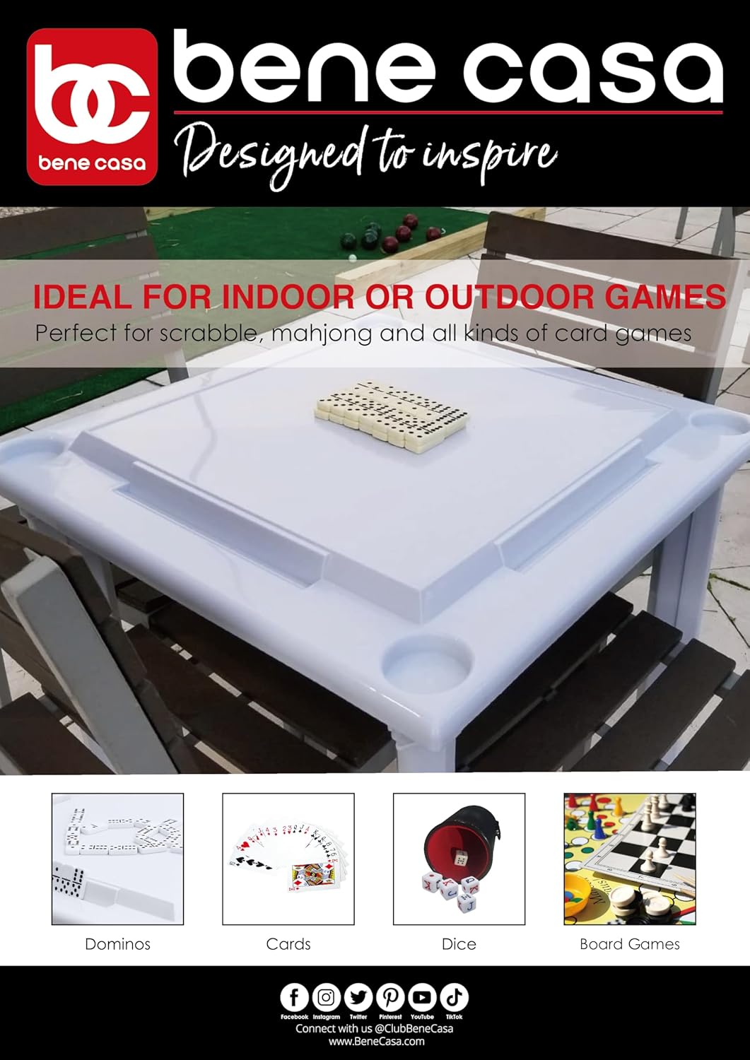 Bene Casa - White Indoor & Outdoor Domino and Game Table Includes Domino and Scrabble Tile Racks and Cup Holders - Table Legs are Removable for Easy Storage