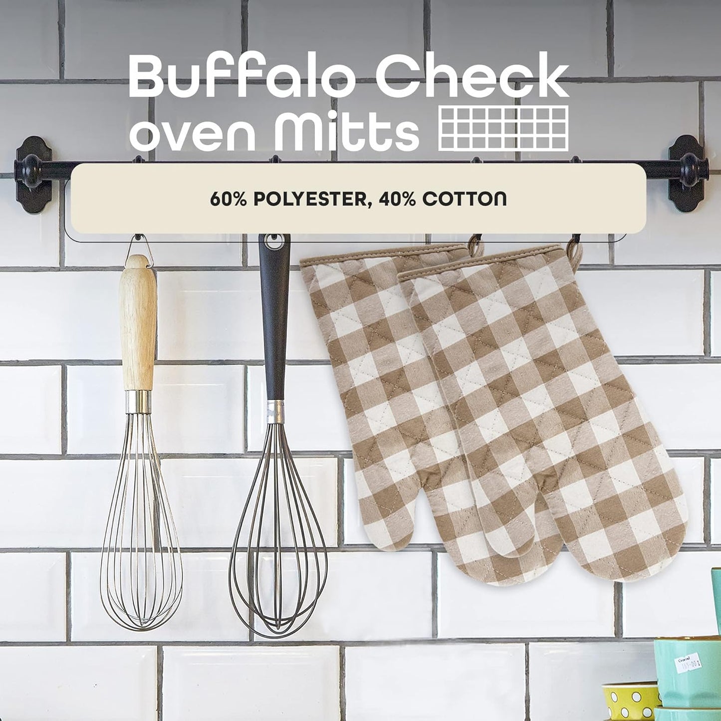 Buffalo Check Oven Mitts, 2 Pack, Taupe - 7" x 13" - Quilted Pot Holders are Heat Resistant, Machine Washable & Stain Repellant - Non-Slip for Cooking, Baking & Grilling by Achim Home Decor