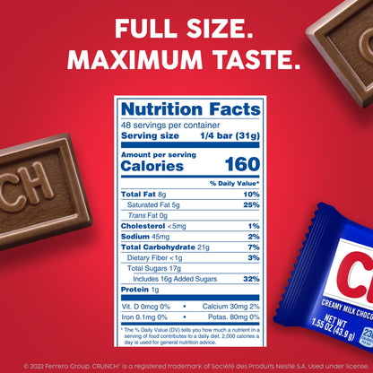 CRUNCH, Bulk 36 Count, Milk Chocolate and Crisped Rice, Full Size Halloween Candy, 1.55 oz Each