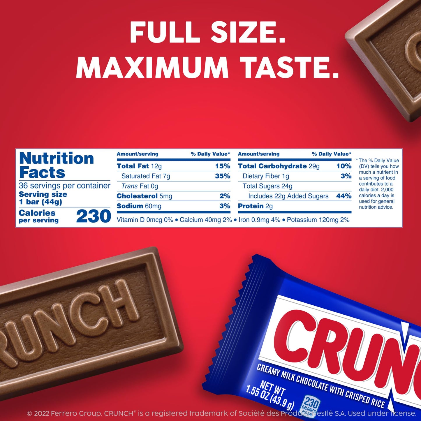 CRUNCH, Bulk 36 Count, Milk Chocolate and Crisped Rice, Full Size Halloween Candy, 1.55 oz Each
