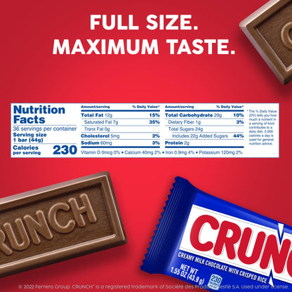 CRUNCH, Bulk 36 Count, Milk Chocolate and Crisped Rice, Full Size Halloween Candy, 1.55 oz Each